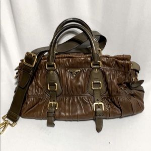 PRADA Nappa Gaufre Brown Leather Ruched Tote Bag